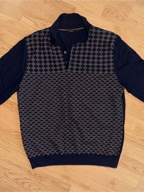 Men's Navy Patterned Polo Sweater
